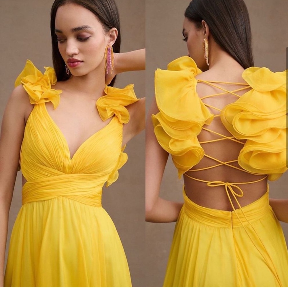 NWT Mac Duggal 67911 Neon Yellow Ruffle Tiered Cut-Out Chiffon Gown Size 4 - Picture 3 of 9